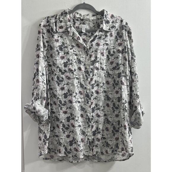 Charter Club Womens Linen XXL Black Pink Gray Floral Button Up NWT Roll Tab NEW - Picture 2 of 10